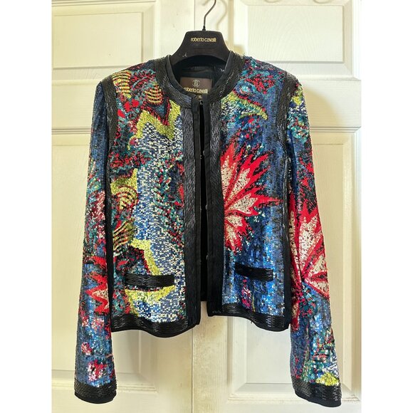 Roberto Cavalli multicolor rainbow sequin beaded black silk leather jacket IT46